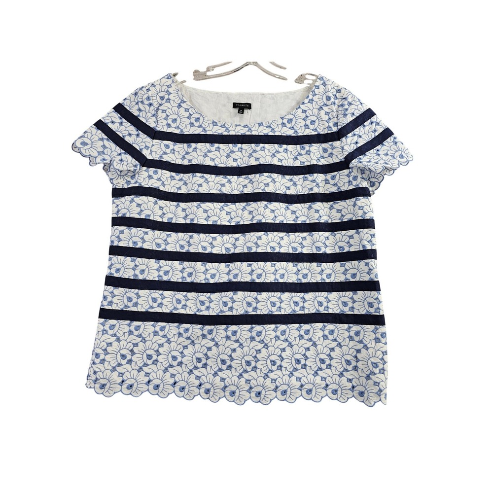Talbots Womens Blue White Floral Eyelet Striped Scalloped Top Size 14 CN4965 EUC
